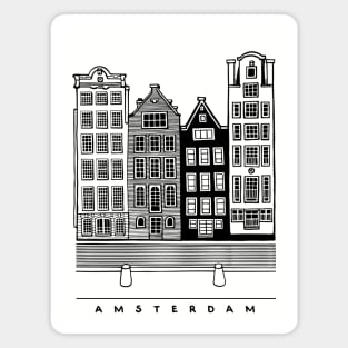 Four old houses. Amsterdam, Netherlands. Realistic black and white poster. Magnet